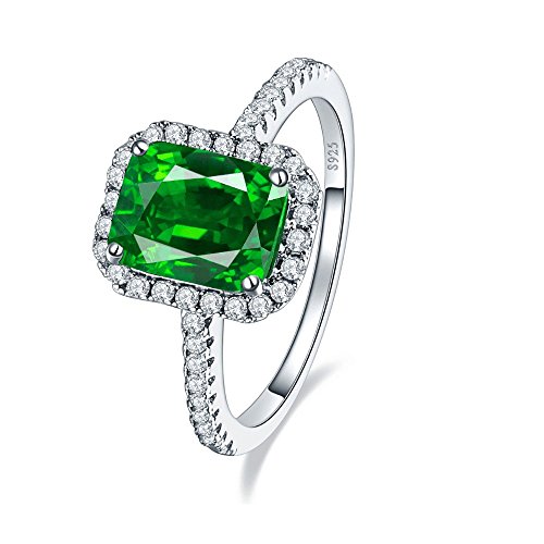 JQUEEN 925 Sterling Silver Clear Cubic Zirconia and Emerald-Cut Created Emerald Ring, 7