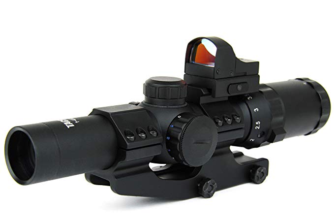 TacFire 1-4 x 24mm Tactical Rifle Scope Green/Red/Blue Illuminated, Mil-Dot Etched Glass Reticle with Mini Red Dot