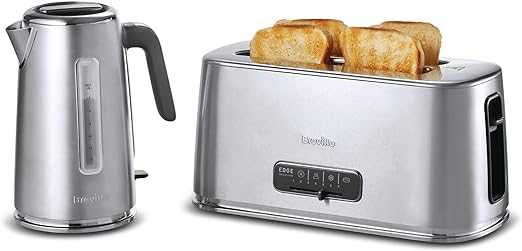 Breville Edge Kettle and Toaster Set | with 1.7 Litre, 3KW Fast-Boil Electric Kettle and 4-Slice High-Lift Toaster | Brushed Stainless Steel [VKT236 and VTR023]