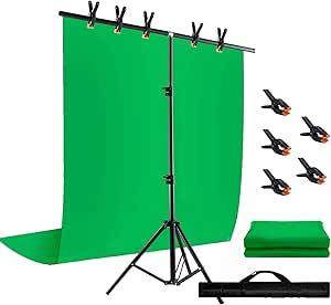 Green Screen Backdrop with Stand Kit, BEIYANG 6.5 X 5 Ft Portable Backdrop Stand Kit with Carrying Bag and 5 Clamps for Streaming, Video conferences and interviews