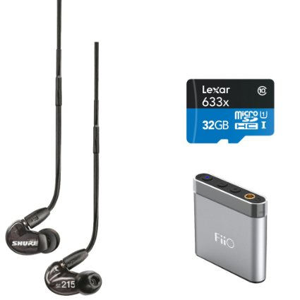 Shure SE215-K Sound Isolating Earphones with Dynamic MicroDriver & Detachable Cable Black Bundle Includes FiiO A1 Portable Headphone Amplifier (Silver) & Lexar 32GB microSDXC UHS-I 633X Memory Card