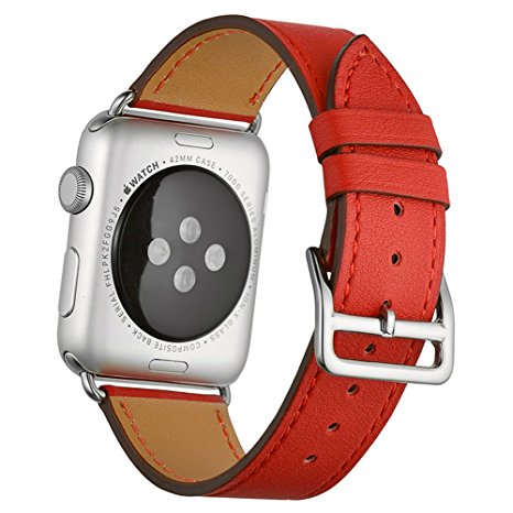 Apple Watch Band,Valkit(TM) Luxury Genuine Leather Watch Band Strap Bracelet Replacement Wrist Band With Adapter Clasp for iWahtch Apple Watch 42mm& Sport & Edition--Single tour - (Red)
