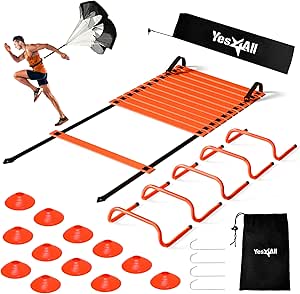 Yes4All Agility Ladder Speed Training Equipment Set - 1 Adjustable Agility Ladder, 12 Soccer Cones, 5 Hurdles, Jump Rope, Running Parachute - Speed & Agility Training Equipment for All Ages