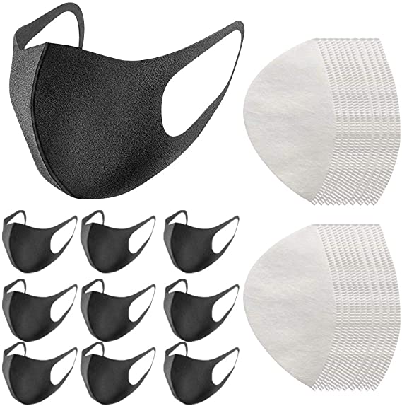 10 Pack Face Masks, 20 Replacement N95 Reusable Mask Filter, Air Filtration Mask Anti Dust Face Mouth Masks Particulate Mask for Smoke, Black Face Mask for Cycling, Sport, Travel, Daily Life