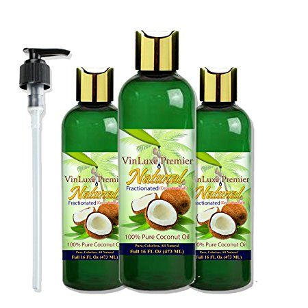 Vinluxe Premier Organic Pure Fractionated Coconut Oil 16 Oz - USA Packaged - Gold Cap - Pump Included - UV Light Protection