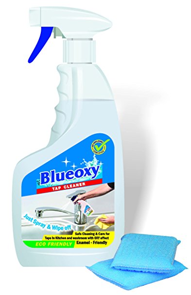 BlueOXY 500ml Tap Cleaner Spray Bottle with Two Cellulose Cleaning Pads : Pack of 1 Spray Bottle and 2 Cleaning Pads