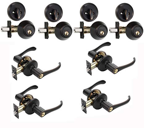 Dynasty Hardware CP-VAI-12P, Vail Front Door Entry Lever Lockset and Single Cylinder Deadbolt Combination Set, Aged Oil Rubbed Bronze (4 Pack) Keyed Alike