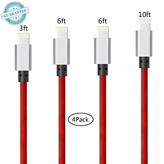 iPhone Cable - 4Pack 3FT 6FT 6FT 10FT, DANTENG Extra Long Charging Cord - Nylon Braided 8 Pin to USB Lightning Charger for iPhone 7,SE,5,5s,6,6s,6 Plus,iPad Air,Mini,iPod(Red)