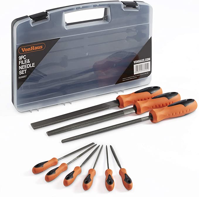 VonHaus File Set Hardened Steel Hand File and Needle Set with Hand, Round, Half Round Files, 6 Needle Files and Storage Case for Shaping, Sharpening and De-burring Woodwork and Metal Projects