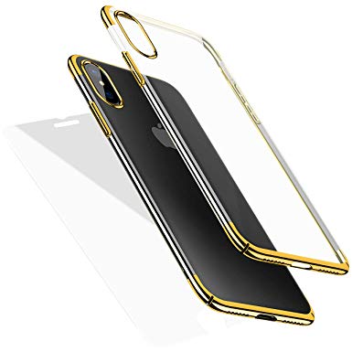 Crystal Clear TPU Cover iPhone Case (Supports Wireless Charging), Protective Back Case with Soft Shock Absorption Bumper and Tempered Glass Screen Protector Set for iPhone XR (Gold)