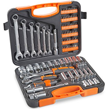 VonHaus 104-Piece Screwdriver Tool Socket Set ¼ Inch & ½” Inch Drive & 6pcs Combination Spanner with Carry Case