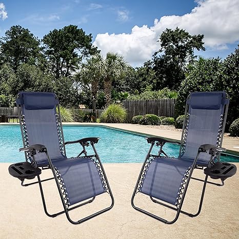 Lavish Home Navy Blue Outdoor Set of 2 Zero Lounge Chairs Folding Anti-Gravity Recliners with Side Table, Cup Holder & Pillow