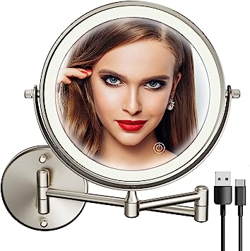 SanaWell Rechargeable Wall Mounted Lighted Makeup Mirror Brushed Nickel,1X/10X Magnification Double-Sided 360° Swivel Vanity Mirror 3 Color Lights,Touch Screen Dimming Extendable Shaving Mirror