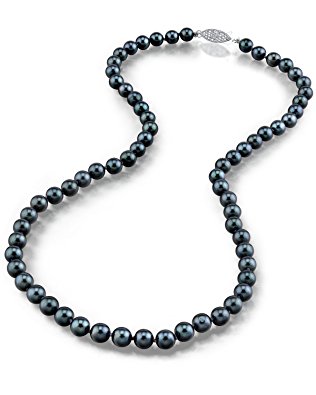14K Gold Black Akoya Cultured Pearl Necklace - AA  Quality, 18" Princess Length
