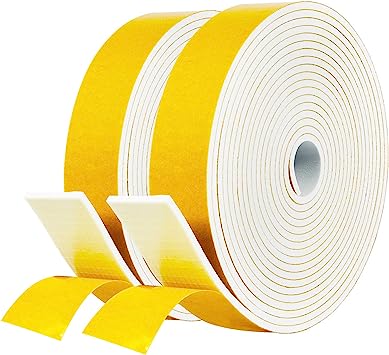 fowong White Foam Sealing Weather Stripping- 2 Rolls, 1 Inch Wide X 1/8 Inch Thick, Window Seal Door Frame Insulation Closed Cell High Density Wide Adhesive Foam Tape, 15 Ft X 2, Total 30 Feet