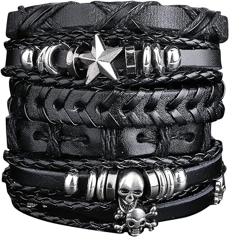 6PCS Black Braided Leather Bracelet Punk Woven Cuff Wrap Bracelets Adjustable Braided Cuff Bracelets for Men Women