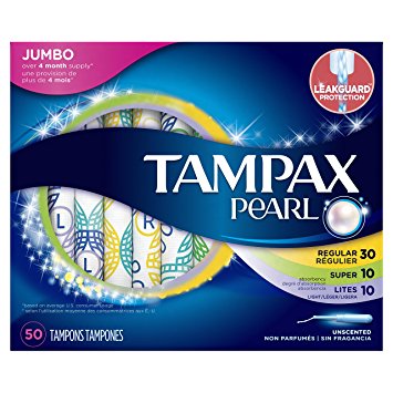 Tampax Pearl Plastic Tampons, Mutlipack, Light/Regular/Super Absorbency, Unscented, 50 Count (Packaging May Vary)