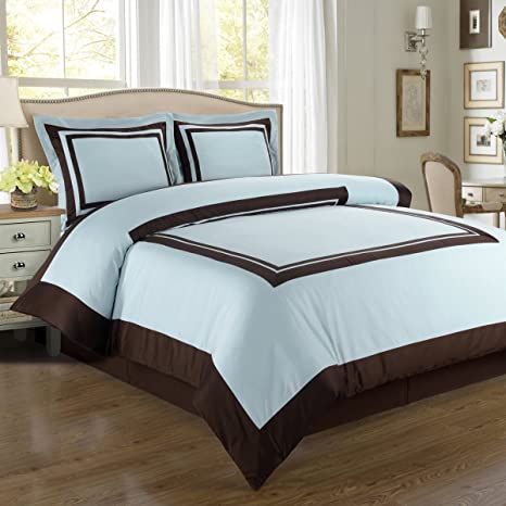 Deluxe Reversible Hotel Comforter Set, 100% Cotton 300 Thread Count Bedding, Woven with Superior Single-ply Yarn. 3 Piece Full/Queen Size Comforter Set, Blue and Chocolate