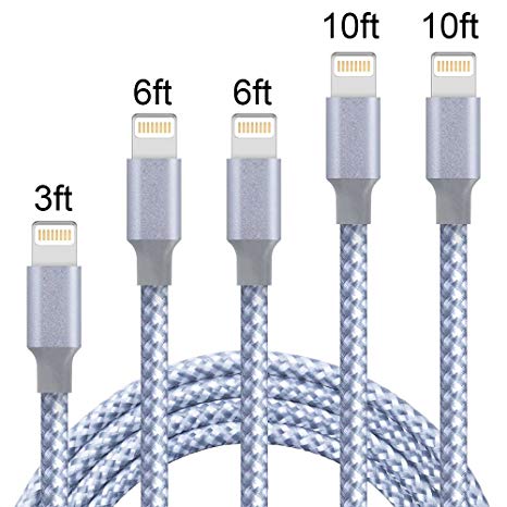 ONSON Phone Cable 5Pack 3FT 6FT 6FT 10FT 10FT Nylon Braided Charger Cable USB Cord Charging Charger Compatible iPhone Xs MAX, XR, X, 8, 7, 7 Plus, 6, 6s, 6 , 5, 5c, 5s, SE, iPad, iPod Nano-Gray