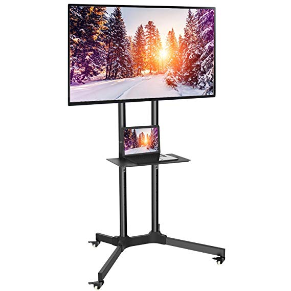 Black TV Cart w/Wheels for LCD LED Plasma Flat Panel Stand 32-65 Inch - Holds TV up to 132lbs Max VESA 600 x 400, Hight Adjustable TV Stand Wheels by PERLESMITH (Model: PSTVMC1)