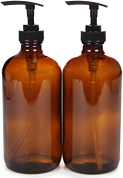 Vivaplex, 2, Large, 16 oz, Empty, Amber Glass Bottles with Black Lotion Pumps