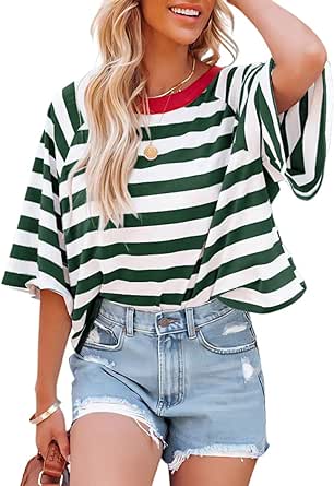 Dokotoo Tops for Women Striped 2024 Fashion T Shirts for Women Color Blocking Design Loose Basic Tee