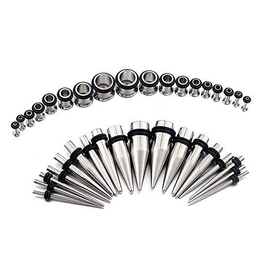Vcmart 14G-00G 36pcs Tapers and Tunnels Ear Gauge Stretching Kit Surgical Stainless Steel