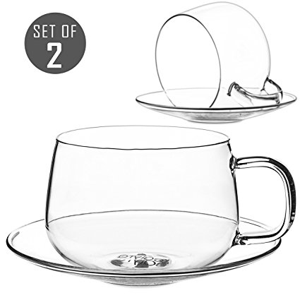 Tealyra - La Lune - 10.1-ounce - Clear and Lightweight Glass Tea and Coffee Cup with Saucer - 300ml - Set of 2