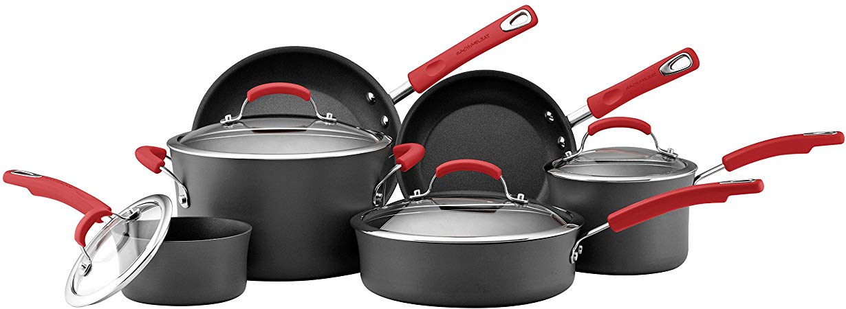 Rachael Ray 82710 Brights Hard Anodized Nonstick Cookware Pots and Pans Set, 10 Piece, Gray with Red Handles