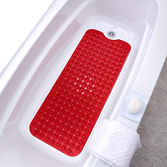 SlipX Solutions Red Extra Long Bath Mat Adds Non-Slip Traction to Tubs & Showers - 30% Longer Than Standard Mats! (200 Suction Cups, 39" Long - Extended Coverage, Machine Washable)