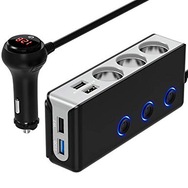 [Quick Charge 3.0] 3-Socket Cigarette Lighter Adapter, 120W 12V/24V Car Power DC Outlet Splitter with 8.5A 4 USB Charging Ports & Upgraded Power Switch Car Charger