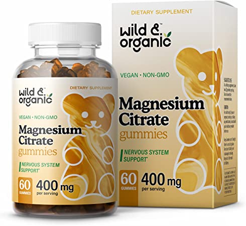 Wild & Organic Magnesium Citrate Gummies - Daily Dietary Supplement to Support Bones, Muscle Function & Cognition - Natural Sleep Aid, Energy Booster - Vegan, Non-GMO - 400mg, 60 Orange-Flavored Chews