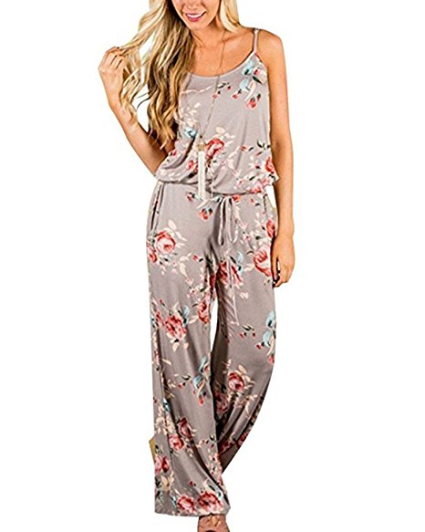 Xuan2Xuan3 Women Sexy Sleeveless Spaghetti Strap Waist Tie Floral Print Wide Leg Long Pant Casual Loose Jumpsuit Romper