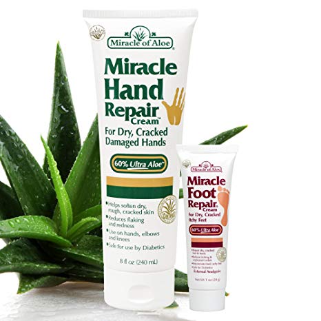 Miracle Hand Repair Cream with 60% UltraAloe 8 ounce tube PLUS Miracle Foot Repair Cream with 60% UltraAloe 1 oz tube