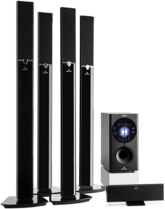 Auna Areal 653-5.1 Surround Sound System, Home Cinema System, 145W RMS, 6.5" Sidefiring Woofer, Bass Reflex, 5 Satellite Speakers, Bluetooth, USB Port, SD, AUX, 2 Mic Connections, Black