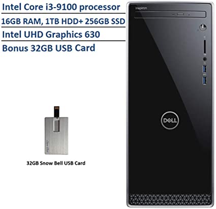 2020 Dell Inspiron Desktop Computer, 9th Gen Intel Core i3-9100, 16GB RAM, 1TB HDD   256GB SSD, Media Card Reader, DVD-RW, HDMI, Intel UHD Graphics 630, Windows 10 Home, Black, 32GB Snow Bell USB Card