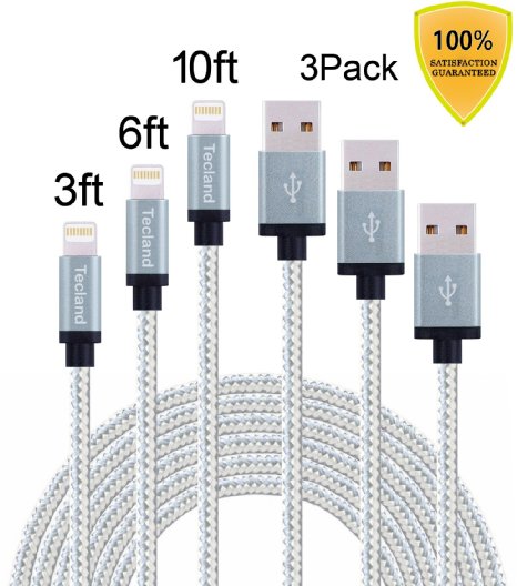 Tecland 3 Pack [3FT,6FT,10FT] iphone 8pin Nylon Braided lightning cords to USB Cable for iPhone 6s, 6s plus, 6plus, 6,5s 5c 5,iPad Mini, Air,iPad5,iPod. [Sliver &gray]
