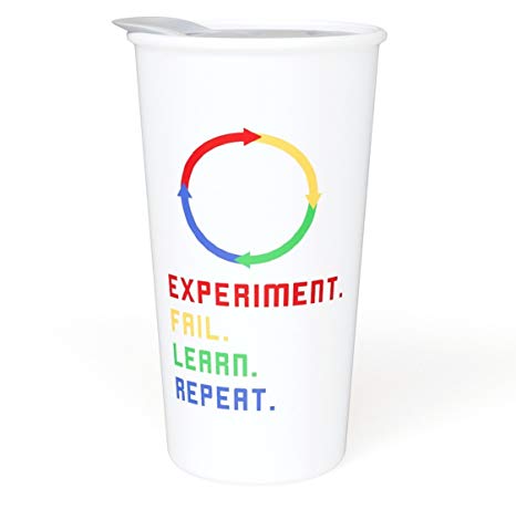 "Experiment. Fail. Learn. Repeat" Motivational Ceramic Coffee Travel Mug 12 oz. With Sealed BPA Free Lid, Dishwasher and Microwave Safe - Motivational Quote Coffee Mug - Ideal Gift for your Co-worker