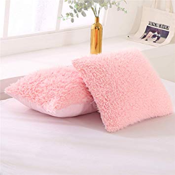 MooWoo Fluffy Pillowcase Standard Size Set of 2, Sherpa Shaggy Pillow Cases Decorative Covers with Zipper, for Home Bedroom Living Room Couch Sofa (Pink, 18"X18")