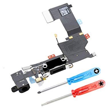 MMOBIEL Dock Connector for iPhone 5S (Black) USB Charging Port Flex Mic Audiojack Antenna Loudspeaker Connector installed incl 2x screwdriver