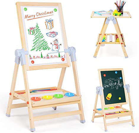 XCSOURCE Art Easel for Kids, 3 in 1 Adjustable Double Sided Drawing Board Whiteboard & Chalkboard Dry Erase Board with Paper Roll, Art Supplies, 360°Rotating Art Table for Toddlers Children Ages 2