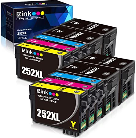 E-Z Ink (TM) Remanufactured Ink Cartridge Replacement for Epson 252XL 252 XL T252 T252XL120 to use with Workforce WF-7110 WF-7710 WF-7720 WF-3640 WF-3620(4 Black, 2 Cyan, 2 Magenta, 2 Yellow) 10 Pack