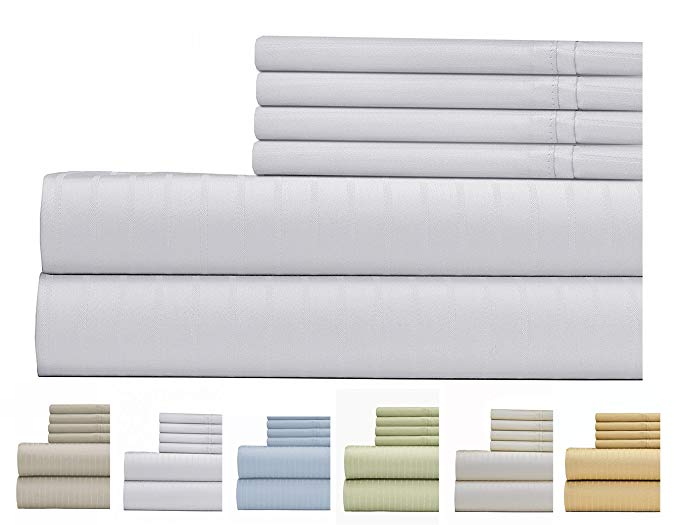 700 Thread Count Cotton Rich Bed Sheet, Pin Stripe 6 Piece Bedding Sheet Set, Hotel Quality Sheet Set with 2 Extra Bonus Pillow Cases, 15 inch Elastic Deep Pocket Fitted Sheet - King - White