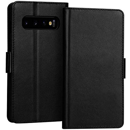 FYY Luxury [Cowhide Genuine Leather][RFID Blocking] Handcrafted Wallet Case for Galaxy S10, Handmade Flip Folio Case with [Kickstand Function] and [Card Slots] for Galaxy S10 (6.1") Black