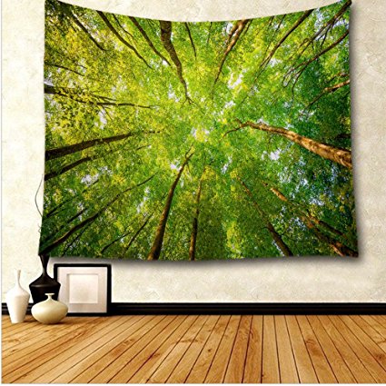 oFloral Tree of Life Wall Art Home Decor, Early Morning Sun in the Green Forest Cotton Linen Tapestry Wall Hanging Art Sets 51 X 60 Inches