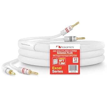 Nakamichi Excel Series 24k Gold Plated Banana Plug with (6 Feet) 12AWG Speaker Cable Wire 99.9% Oxygen-Free Copper (OFC) Heavy Duty Braided for Amplifier Hi-Fi Home Theatre - White (6ft/1.8m)