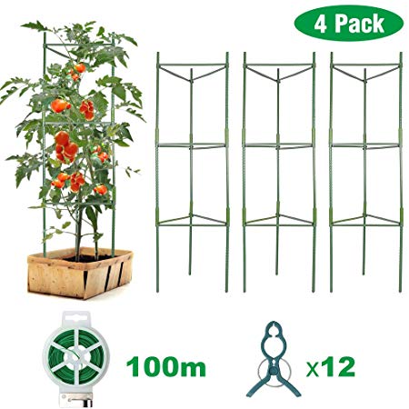 Plant Support Assembled Tomato Cage - Vegetable Trellis,Assembled Tomato Garden Cages Stakes with 12Pcs Clips, for Climbing Plants, Vegetables, Flowers, Fruits, Vine - 4 Pack
