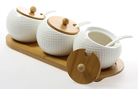 Ceramic Spice/Seasoning/Sugar Jar Set - 3-piece Set Ball White with Wood Lid& Base Rack