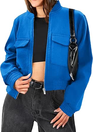 Zeagoo Womens Cropped Jacket Stand Collar Long Sleeve Zip Up Shackets Bomber Jacket Coats with Pockets