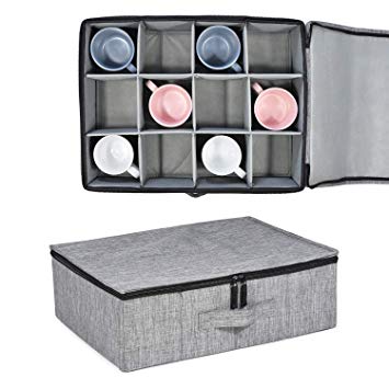 Cup and Mug Storage Box, Holds 12 Coffee Mugs and Tea Cups, Fully-Padded Inside with Sturdy Construction (Grey)